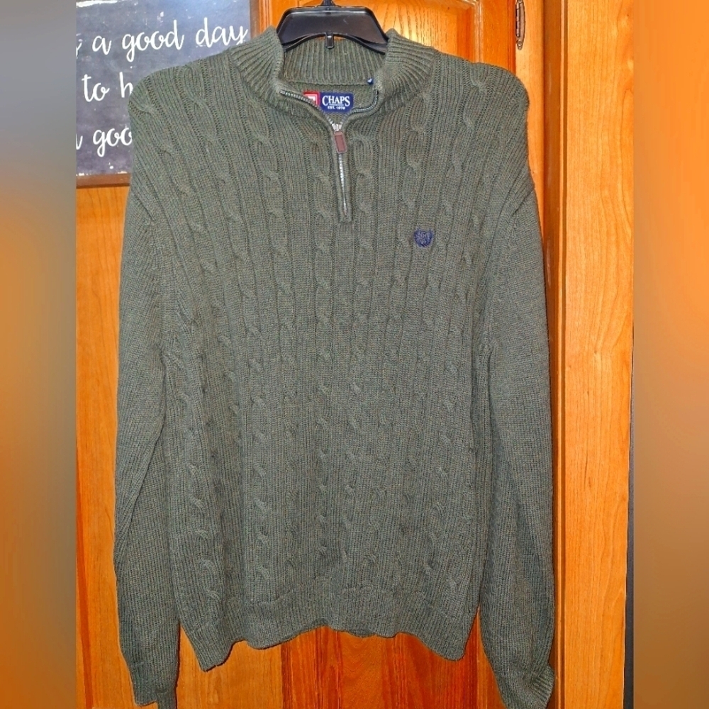 Chaps Men's Olive 1/4 Zip-Up Cable Knit Sweater In A Size XL. Chunky,Substantial